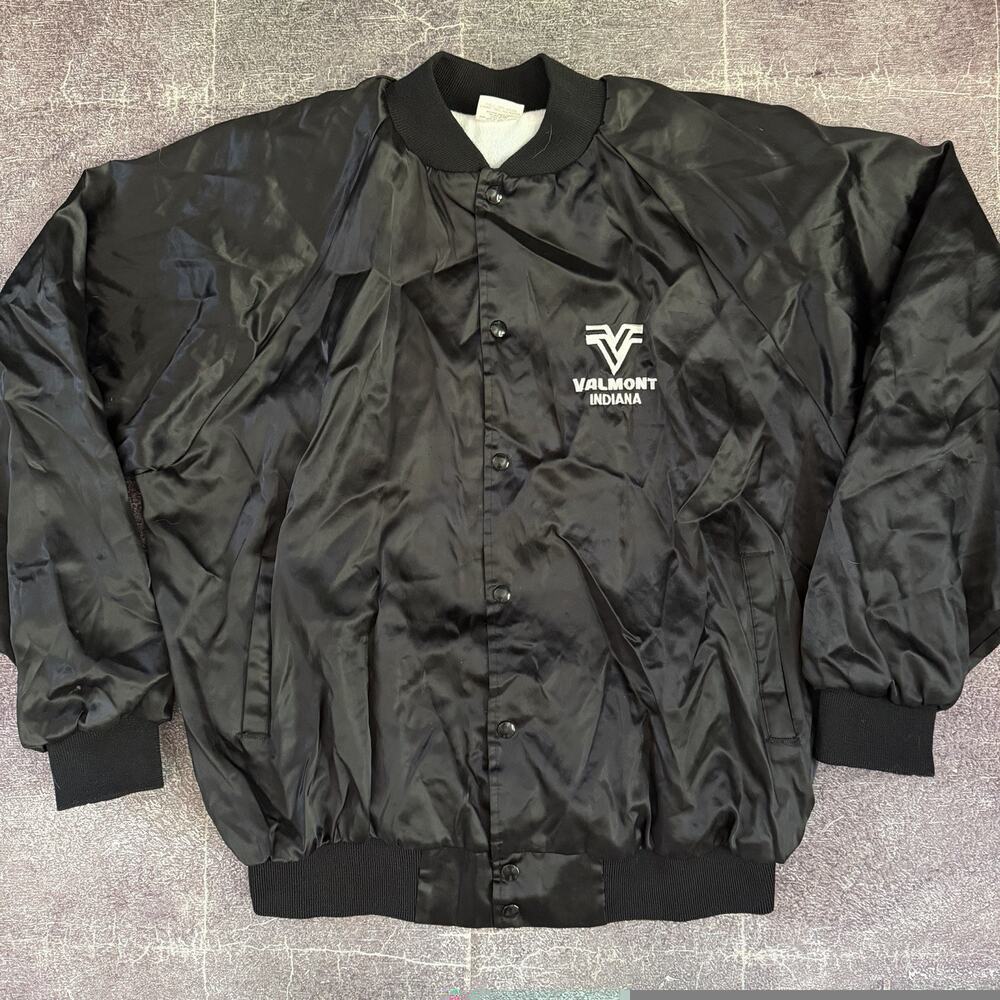Men's Vintage 90s Auburn Valmont Indiana Black Satin Button Up Bomber Jacket 2XL
